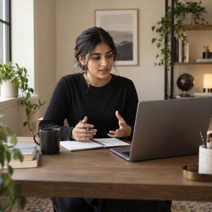 Graduate practising a first job interview aloud on a laptop