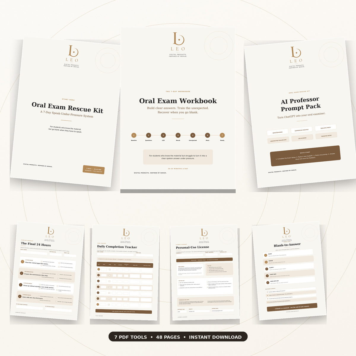 Seven coordinated PDF tools included in the LEO Oral Exam Rescue Kit.