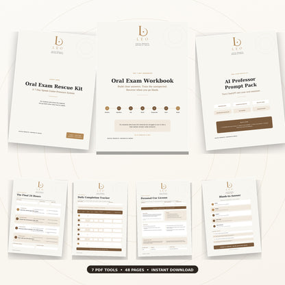 Seven coordinated PDF tools included in the LEO Oral Exam Rescue Kit.