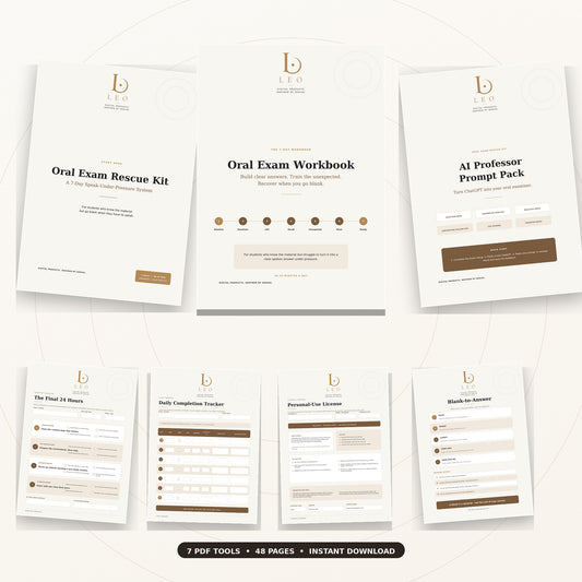 Seven coordinated PDF tools included in the LEO Oral Exam Rescue Kit.