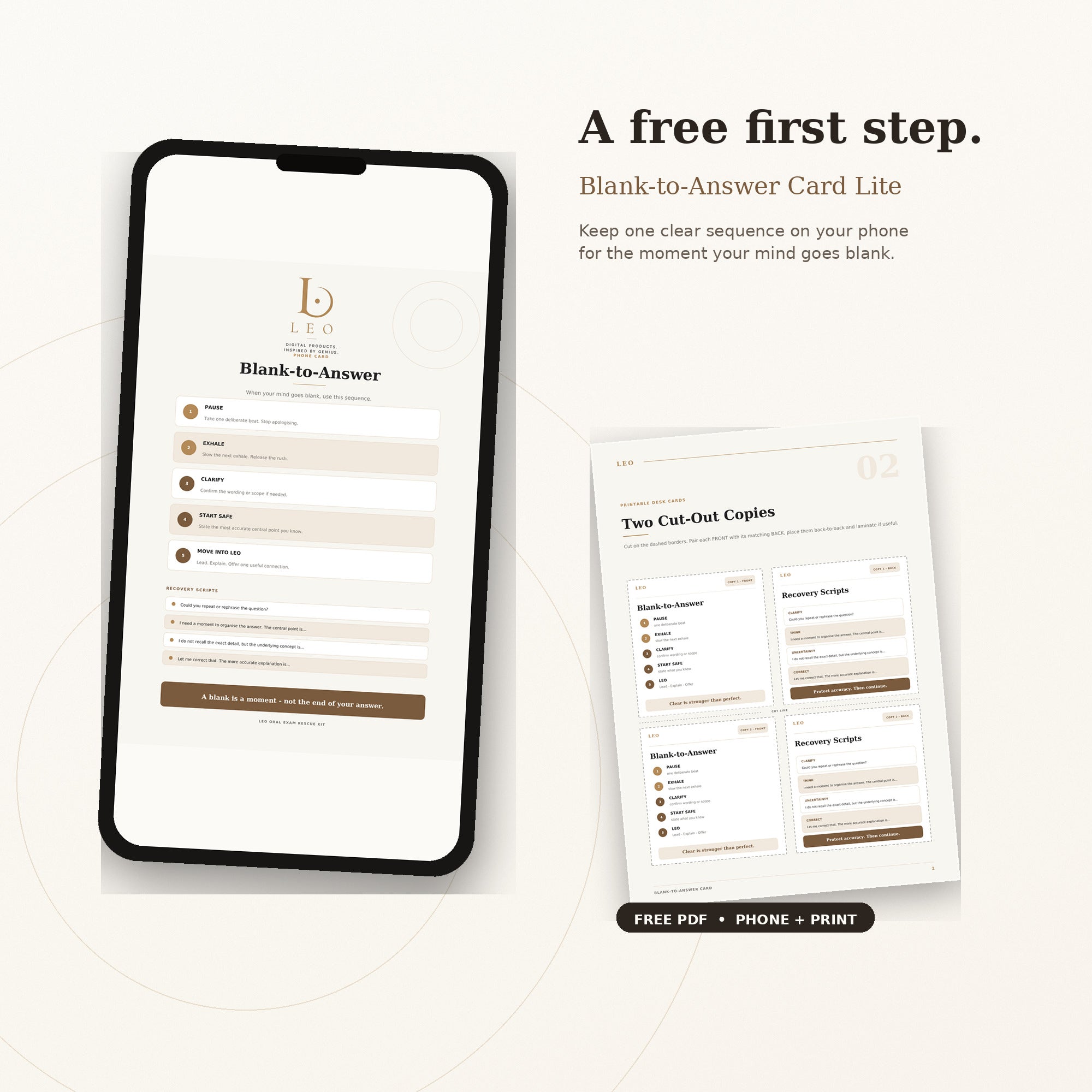 Free LEO Blank-to-Answer Card Lite shown on a smartphone.